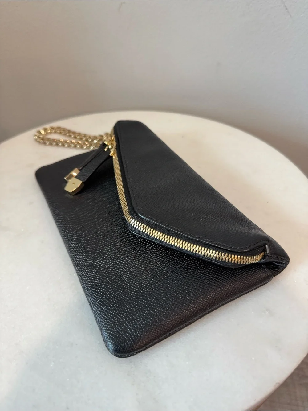 henri bendel Black Leather Clutch with Gold Chain Strap